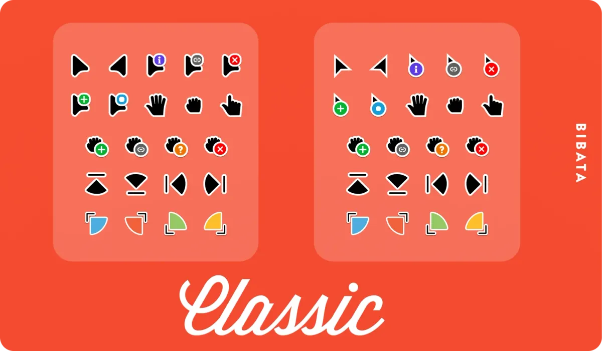 Source preview of Bibata Windows Cursors: Modern and Original: Bibata is a material-style cursor family with Modern rounded edges and Original sharper edges