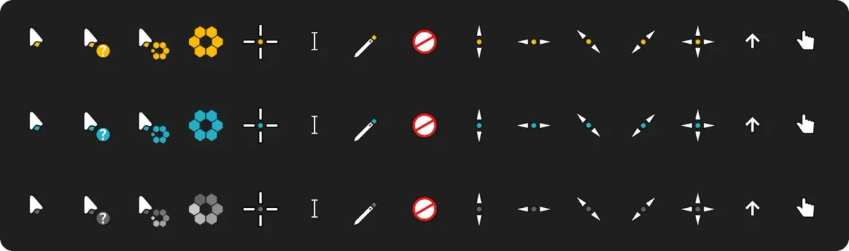 Source preview of Future Windows Cursors: Amber, Cyan and Dark: Future's Windows port groups Amber, Cyan and Dark accent variants around the same white pointers with dark outlines