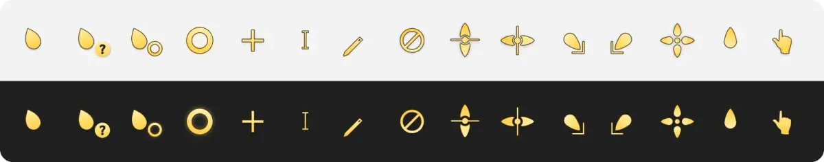 Creator Layan Gold cursor sheet with gold pointer, help, busy, text, resize and hand shapes on light and dark backgrounds.