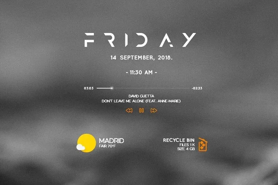 Mond desktop preview with a large weekday and date, a music player, weather and recycle-bin widgets.