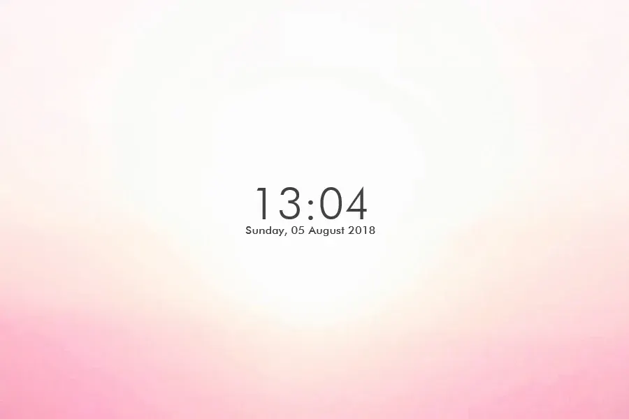 Simplistic Clock showing a thin dark digital time and date on a pale pink background.