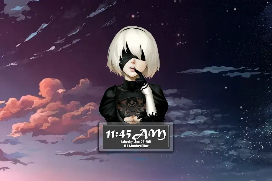 Source preview of 2B (Nier: Automata) Clock Rainmeter Skin credited to Kaza-SOU