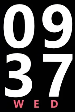 Creator AshClock close-up showing 09 above 37 in large white digits with a pink-red WED weekday on black.