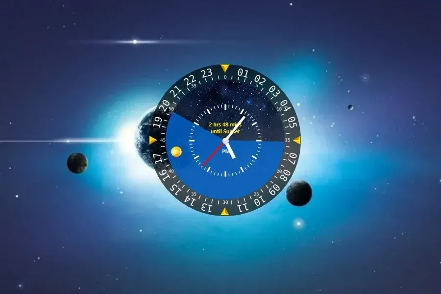 Source preview of ASTROClock: A clock/date display with sunrise/sunset information and a source-described 24-hour view of sun and moon positions