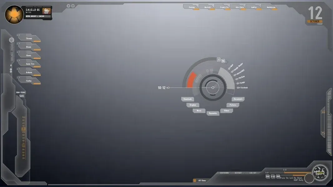 Source preview of Avengers S.H.I.E.L.D OS: A film-inspired HUD with clock, CPU/RAM, drives, music, recycle bin, volume and program/web launchers