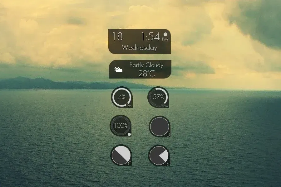 Source preview of B and W Rainmeter Theme credited to satyajit00