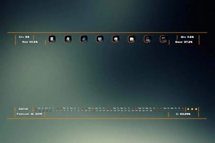 Source preview of Beijing Forbidden City VR1.1: Top-and-bottom widget groups combine time/date, calendar, clock, CPU/RAM and a Windows-function dock