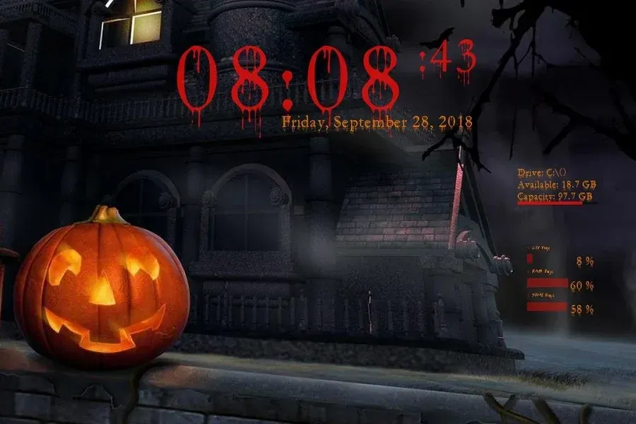 Source preview of Bloody Halloween: A Halloween clock and monitoring layout using dripping-style lettering and red/orange CPU, drive and RAM displays