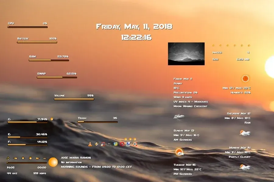 Source preview of Botanicula VR1.1: A Botanicula-inspired collection with CPU/RAM, drives, swap/trash space, music, volume, weather, clock and launcher