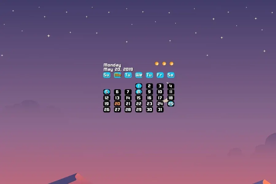 Source preview of Calendar Without Extra Days VR1.1 Rainmeter Skin credited to sephirotess