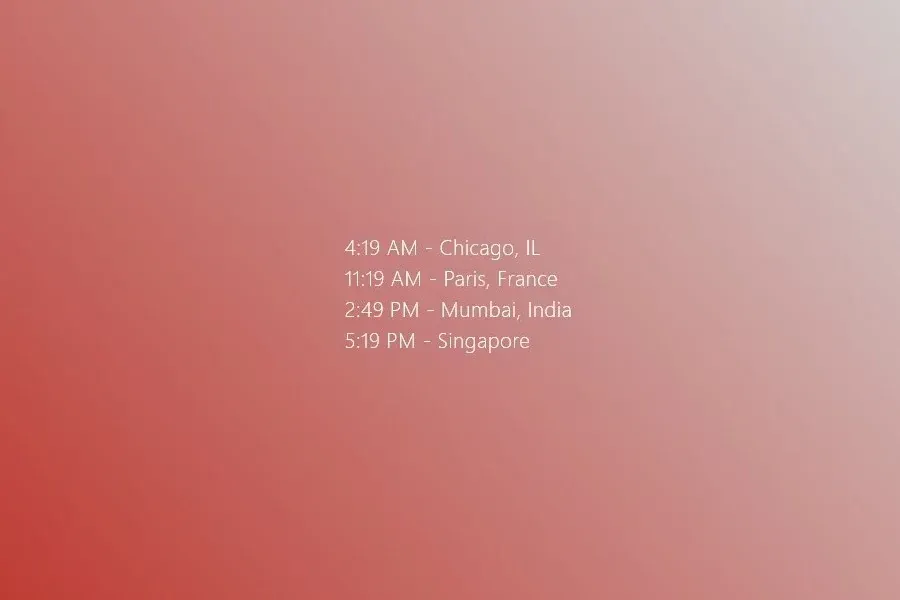 Source preview of Clean World Clock: A text-based world clock with up to four selectable timezones, as listed by the source