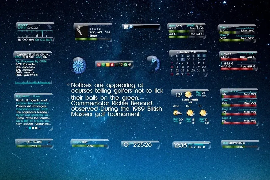 Source preview of Cobolt 2.6: A broad collection including a skinned Lua calendar, analog/digital clock and uptime, battery, CPU, news and web-search panels
