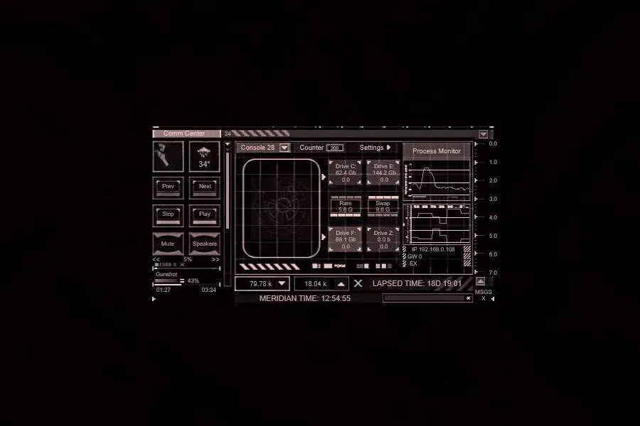 Source preview of Console28: A console-style arrangement with color shades, CPU graphs, RAM information and drive readings