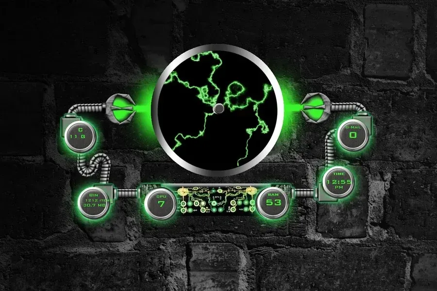 Source preview of Dark Matter: A glowing status arrangement with drives, recycle bin, CPU/RAM, time and a source-mentioned Gmail component