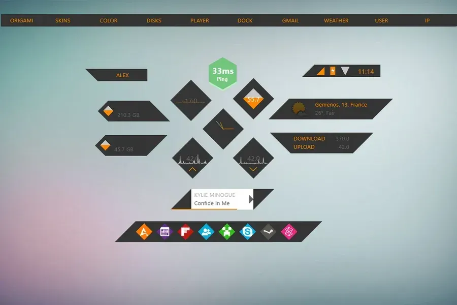 Source preview of Dark Origami Rainmeter Theme credited to KoarK