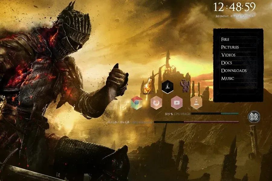 Source preview of Dark Souls: A Dark Souls-themed launcher and clock arrangement with CPU and drive-performance information