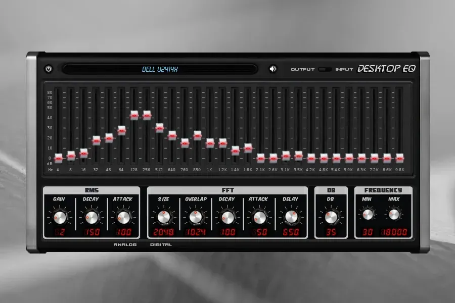 Source preview of Desktop EQ: A visualizer styled like an analog equalizer, with moving controls and mouse-wheel audio-level adjustment