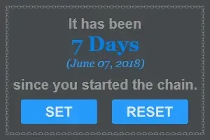 Creator day-counter preview reading seven days since June 7, 2018, with SET and RESET buttons on gray.