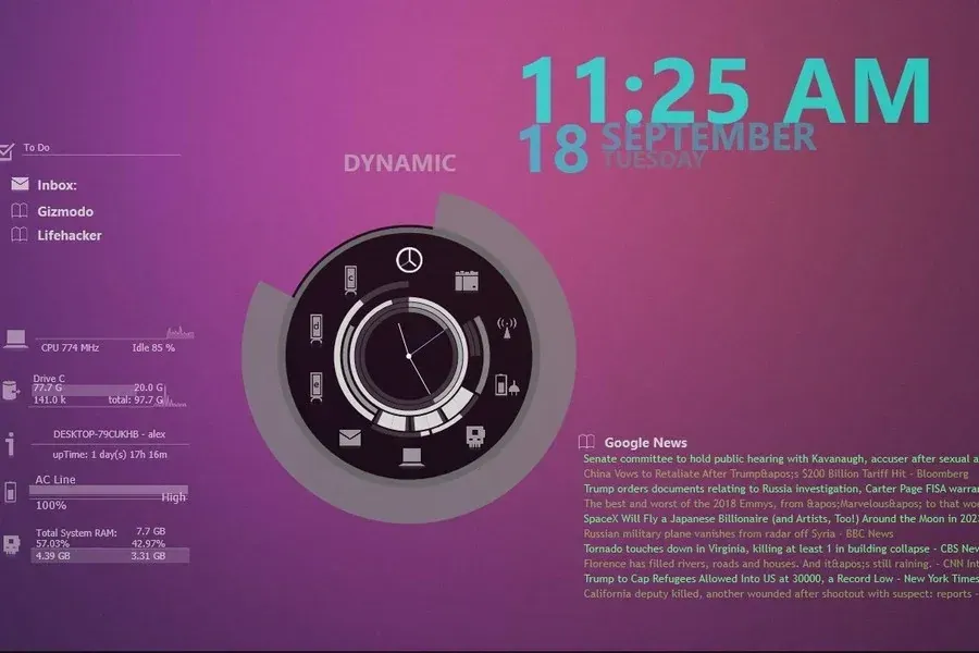Source preview of Dynamic: A central clock and sidebars combine system information with messages, reminders, wireless controls, Gmail/news items and a to-do list