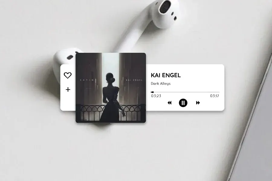 Source preview of Elegant Music Player: A movable, resizable music-control panel with play/pause and forward/back controls; the source names selectable players including Winamp and Spotify
