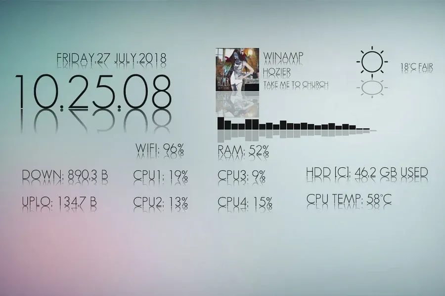 Source preview of Elegant Reflections Rainmeter Theme credited to HipHopium