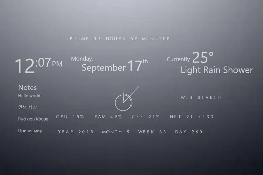 Source preview of Elementary 3.0: Elementary 3.0 combines digital time, weather, date, uptime, web search, notes, CPU/RAM, drives and internet use