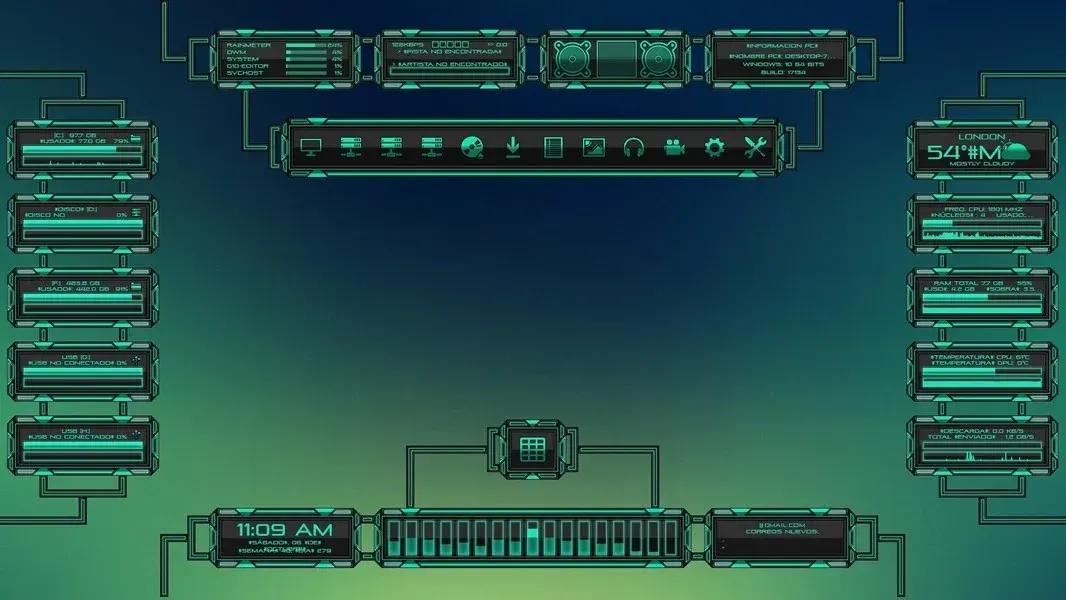 Source preview of Evolucion: A system-information suite with CPU, drives, network and RAM plus time/date, weather, visualizer and a source-mentioned email component