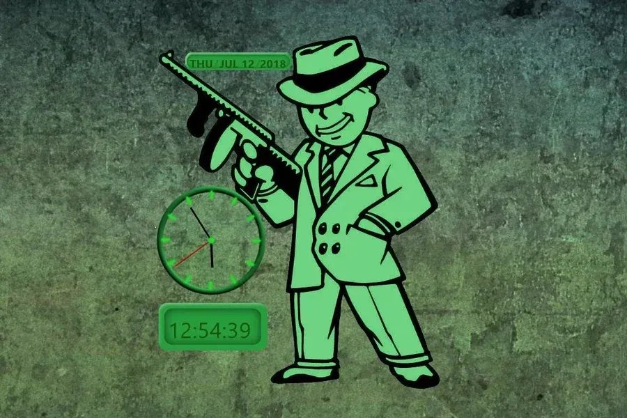 Source preview of Fallout 3 Clock and Calendar Rainmeter Skin credited to The-CA