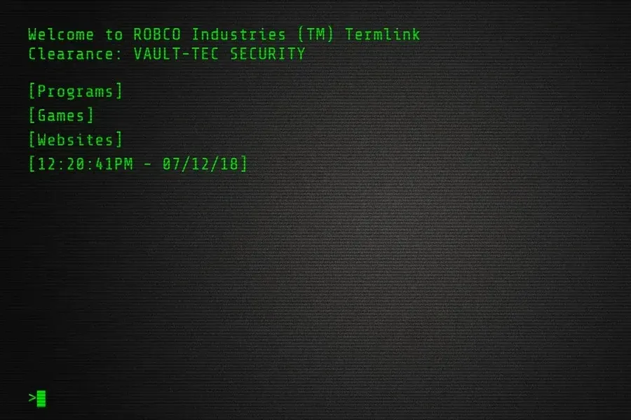 Source preview of Fallout Terminal Rainmeter Skin credited to mrcoaster