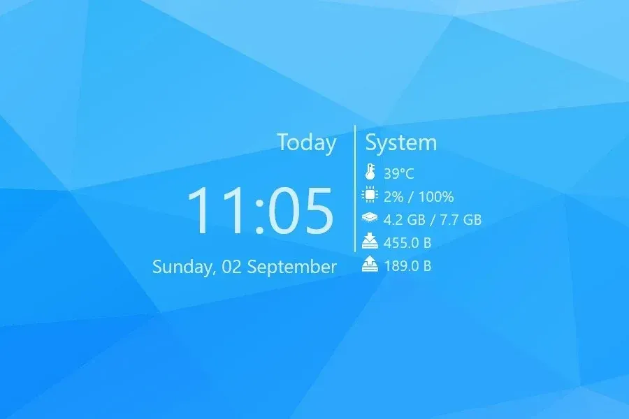 Source preview of Flair: Time/date and icon-led numeric readings cover temperature, CPU, storage, RAM and network upload/download