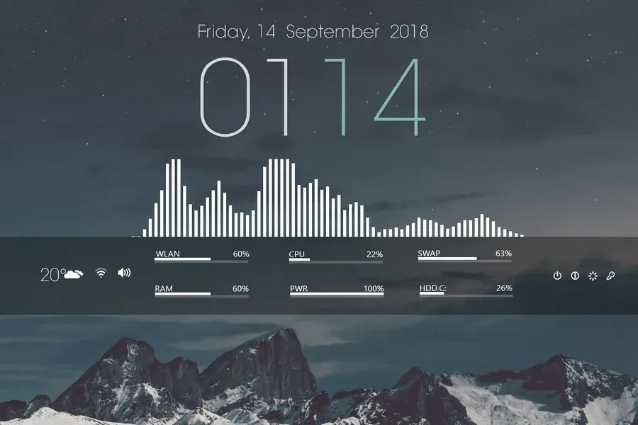 Source preview of Flat Blue: A blue suite with a top visualizer, weather/audio/Wi-Fi area, power controls and central clock surrounded by RAM, wireless, CPU, swap and power details