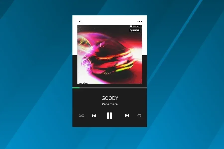Source preview of Flat Music Player: A resizable playback panel with play/pause, shuffle and track navigation described by the source