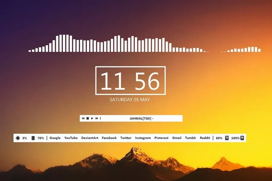 Source preview of FLHUD: Thin-bar visualization, a clock panel, music controls and a longer CPU/RAM/drive/shortcut bar form one layout