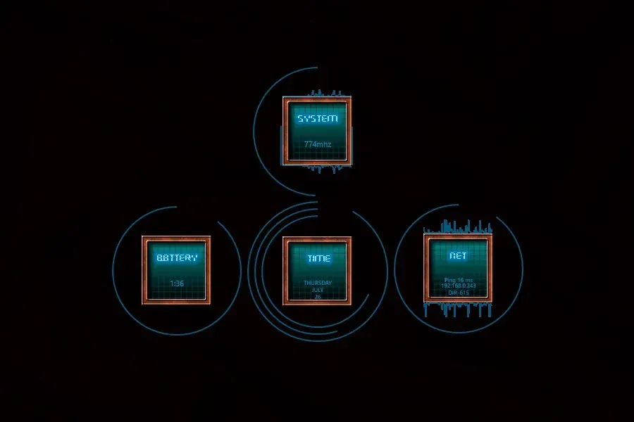 Source preview of Framed Dials Rainmeter Skin credited to tobaal