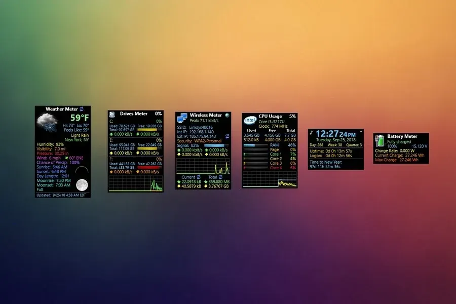 Source preview of Gadgets: A meter-oriented collection with source-listed weather, wireless, CPU and battery widgets