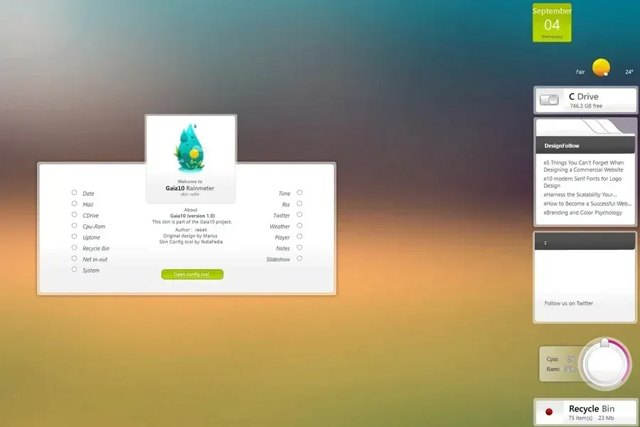 Source preview of Gaia10 Rainmeter Skin credited to reb70