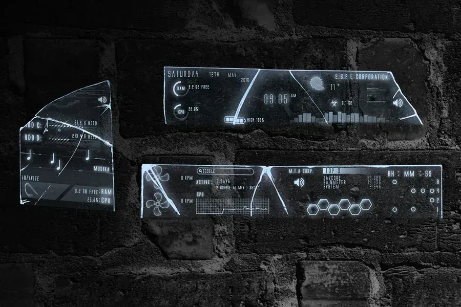Source preview of Glass Shards Rainmeter Theme credited to 99villages.com