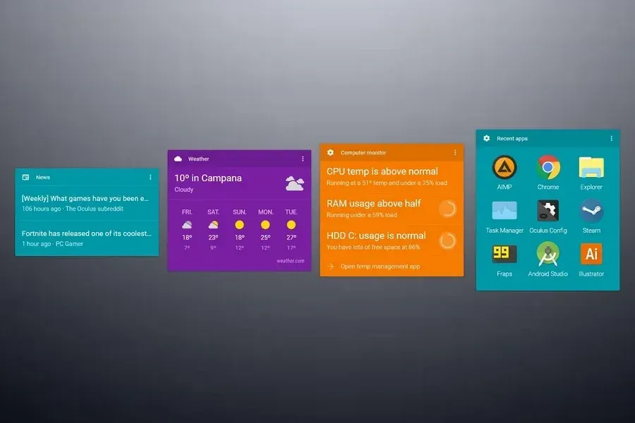 Source preview of Google Now: Panel-based weather and system widgets with CPU temperature, RAM, drive readings and a program/recent-app launcher