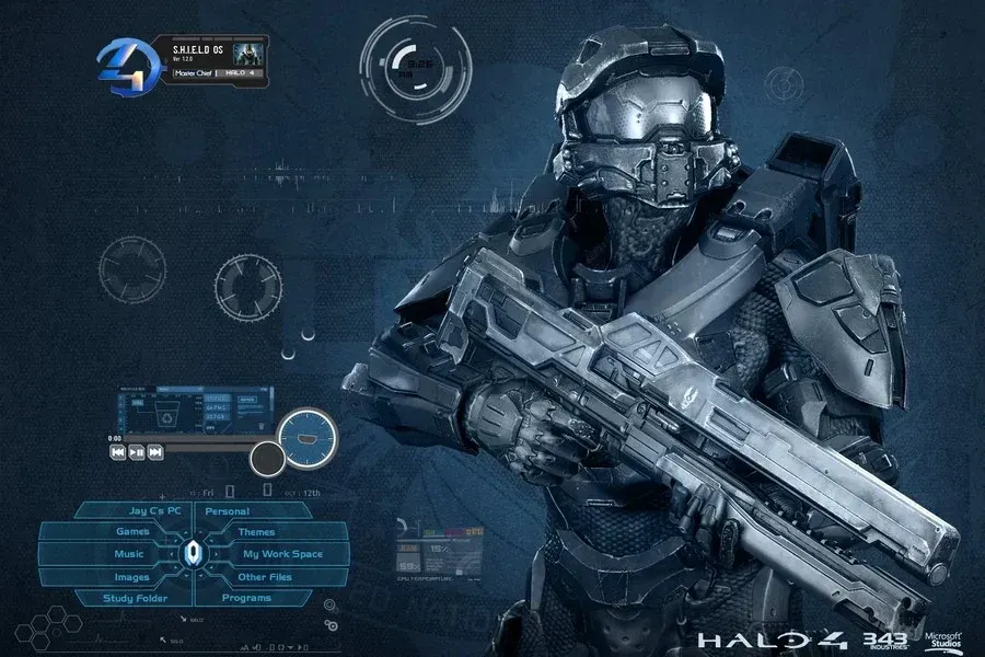 Source preview of Halo 4: A Halo 4-inspired HUD combining clock, program launcher, CPU/RAM, music and recycle-bin widgets