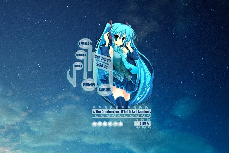 Source preview of Hatsune Miku 2 Rainmeter Skin credited to Kaza-SOU