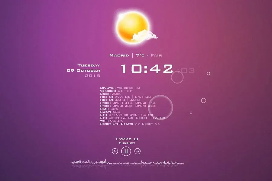 Source preview of Illustrated: A suite spanning time/date, clock, CPU/RAM, drives, music, visualizer and weather