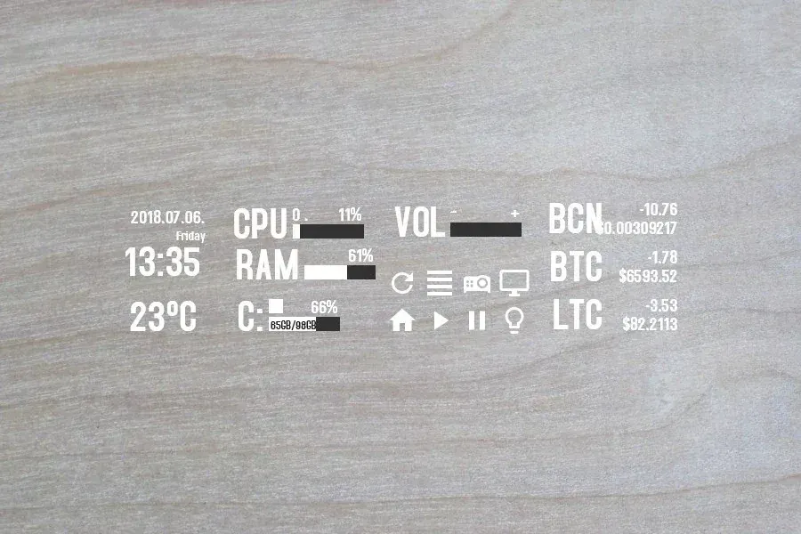 Source preview of Infinimal: A compact panel with 24-hour time, temperature, CPU/RAM/VGA information and used drive space