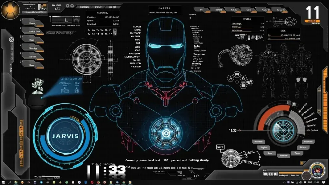 Source preview of J.A.R.V.I.S. + S.H.I.E.LD. OS: A JARVIS/SHIELD-inspired suite with three named rotators and clock, battery, CPU/RAM, network, drive, weather, music and launcher modules