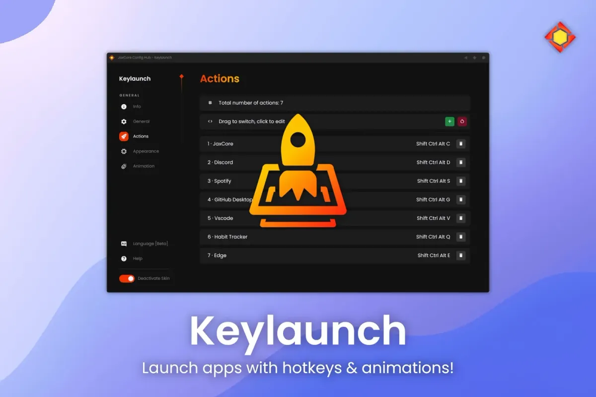 Keylaunch creator splash with an abstract lavender background, JaxCore Actions list and orange rocket illustration.