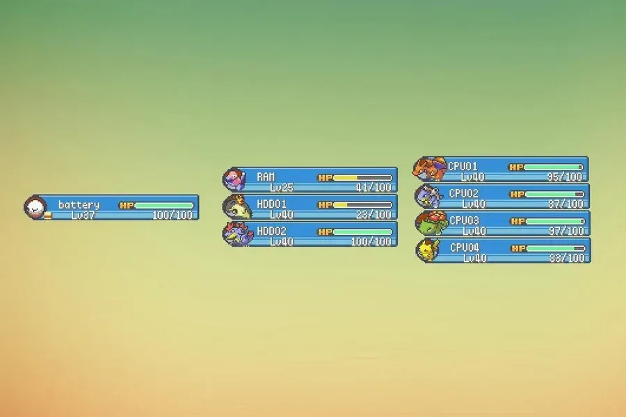 Source preview of Lanettes PC: A Pokémon-themed status layout described as supporting three drives and four processor cores, with changing HP values/bars