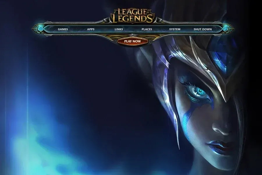 Source preview of League of Legends: A League of Legends-themed navigation bar with games, apps, links, places, system and shutdown sections described by the source