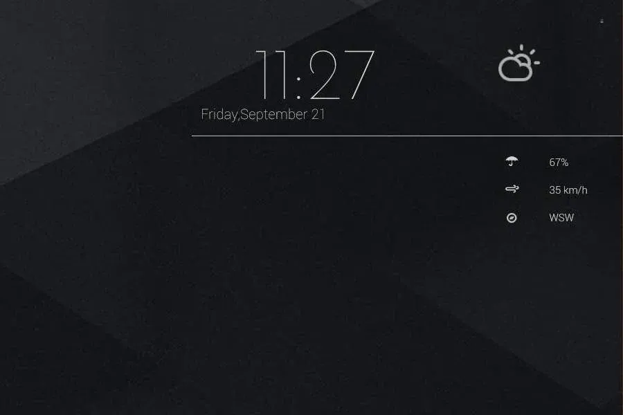 Source preview of LockScreen: An Android lock-screen-inspired time/weather widget with wind speed, wind direction and condition icons described by the source