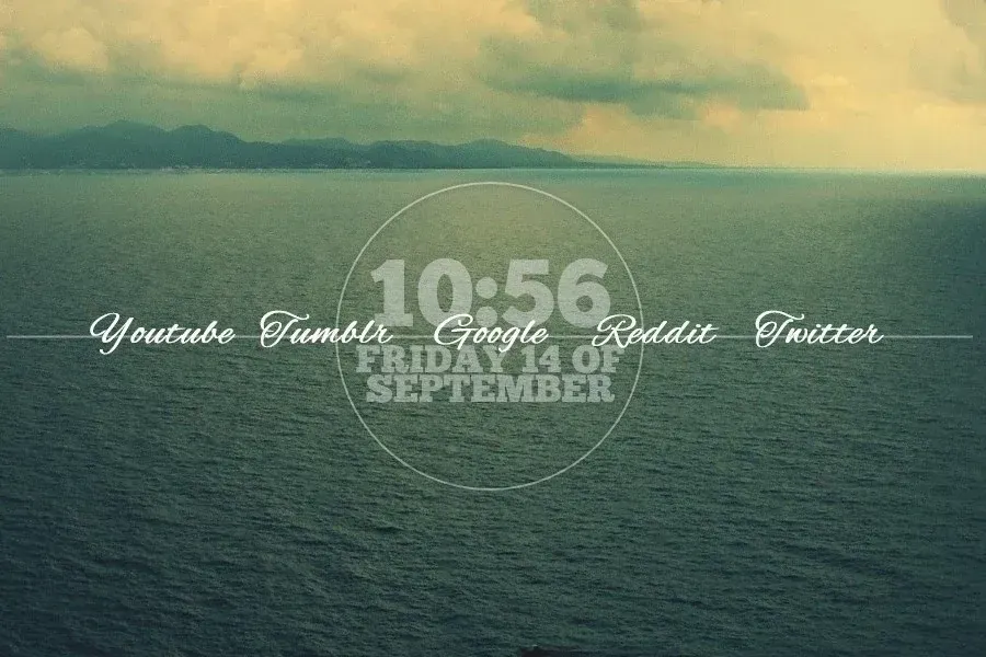 Source preview of Lucida's Launcher: A circular time-and-date widget combined with website shortcuts, including source-listed YouTube, Tumblr, Google, Reddit and Twitter links