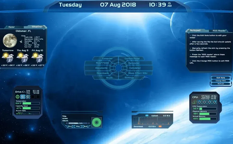 Source preview of Mass Effect Rainmeter Theme credited to RickF7666