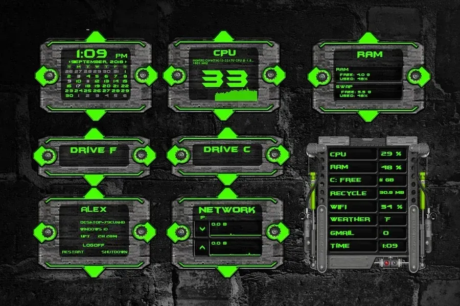 Source preview of Mechanism Advanced Appliance: A dark neon presentation of CPU/core, drive, RAM, recycle-bin, Wi-Fi, weather, Gmail and time information with animation described by the…